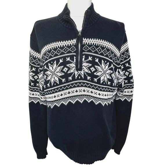ST JOHN'S BAY Men's Large Navy Blue White Snowflake Knit Sweater 1/4 Zip Vintage - Picture 1 of 7